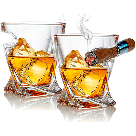 Image of Whiskey Glasses With Side Mounted Cigar + Whisky Chilling Stones and accessories on Wooden Tray