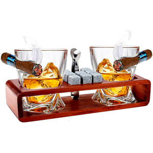 Whiskey Glasses With Side Mounted Cigar + Whisky Chilling Stones and accessories on Wooden Tray