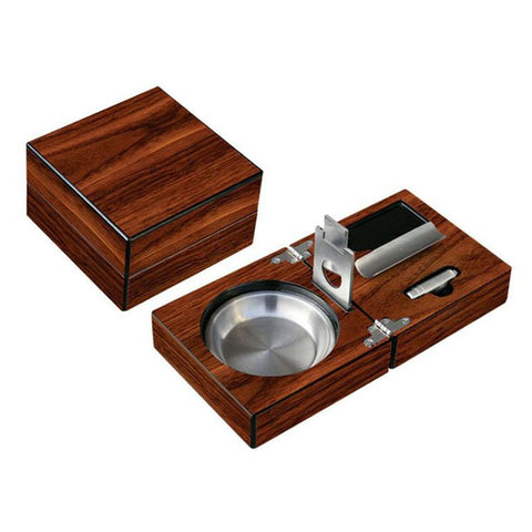 Image of The Compact Ashtray Tray with Cigar Cutter and Punch - High Gloss Walnut