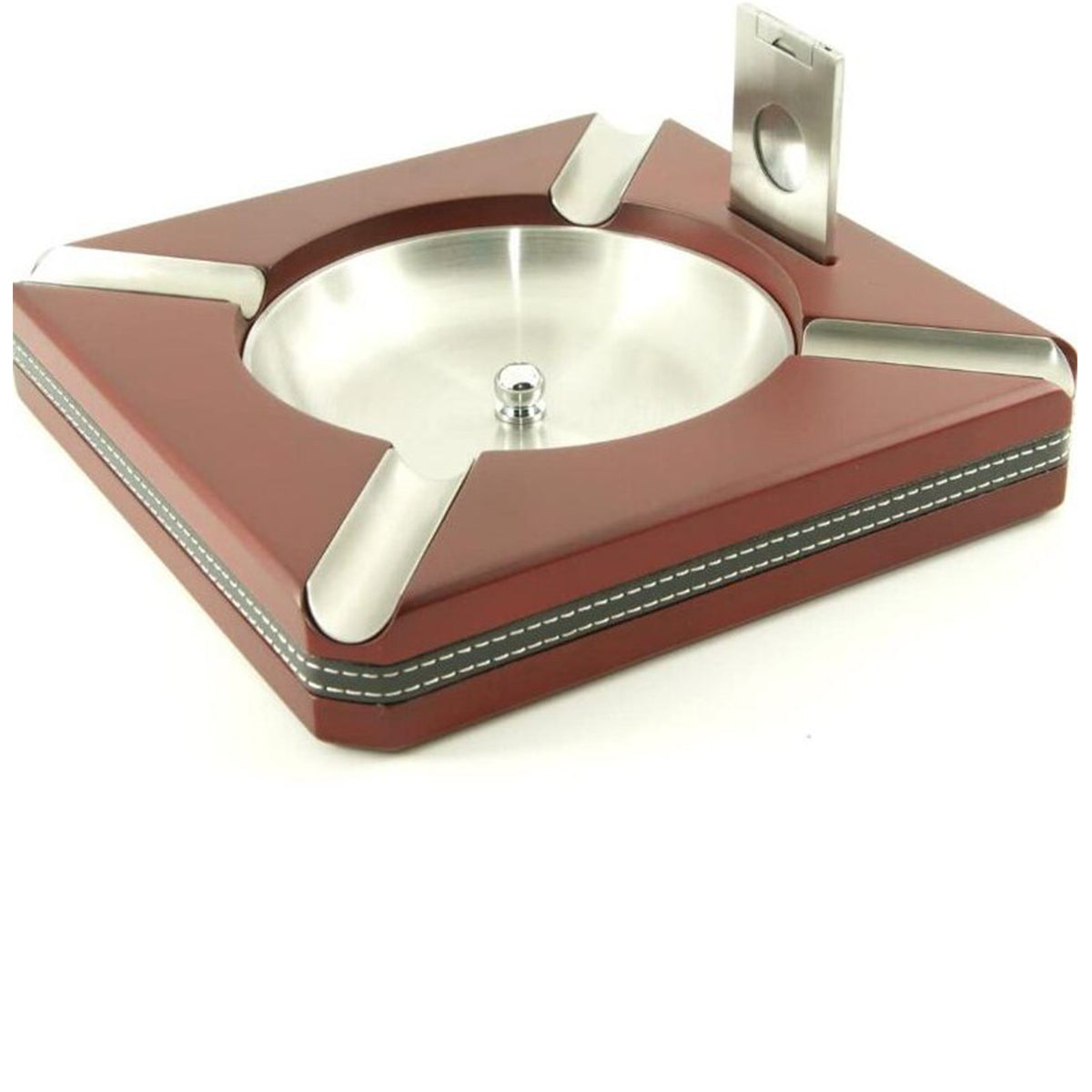 SQUARE WOODEN 4 Cigar Ashtray with Cigar Cutter