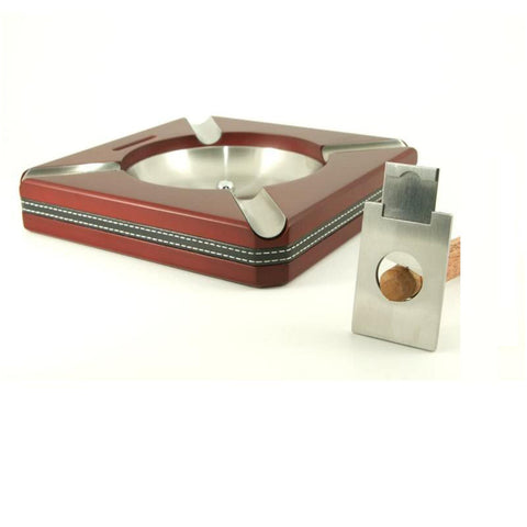 Image of SQUARE WOODEN 4 Cigar Ashtray with Cigar Cutter