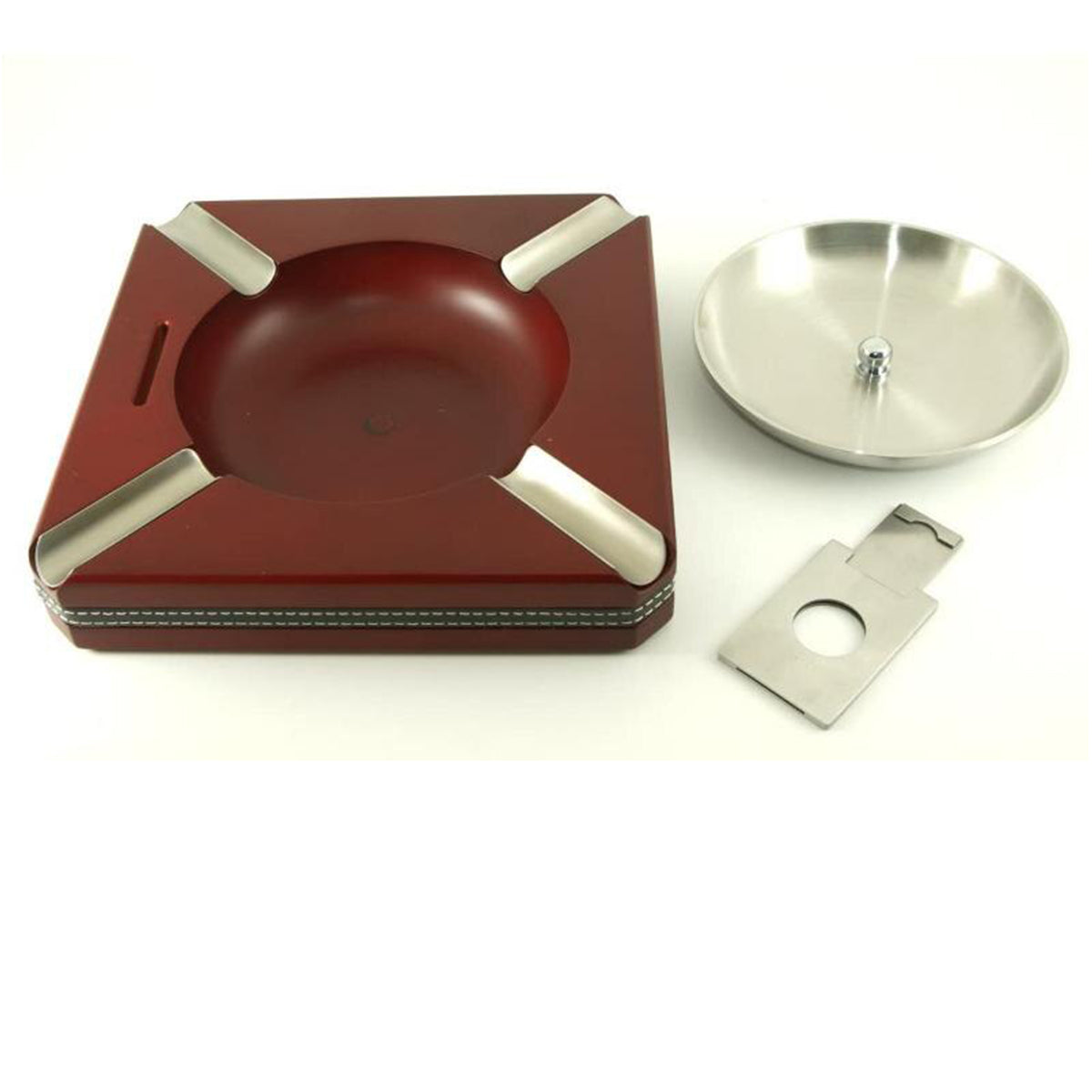 SQUARE WOODEN 4 Cigar Ashtray with Cigar Cutter