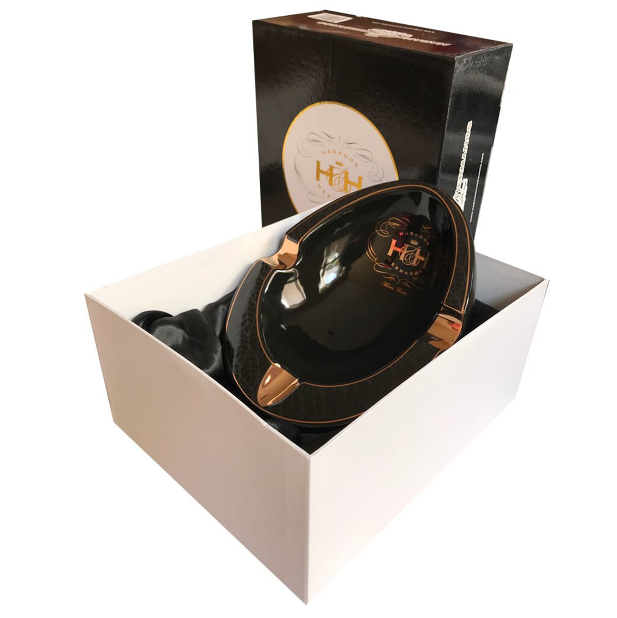 Ceramic Ashtray BLACK OVAL Onyx Porcelain and Gold with Three Wide Grooves