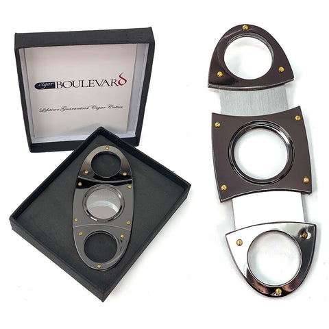 Image of Cigar Boulevard Cigar Cutter SHIMY GUN Metal Oval Shape Double Stainless Steel Blades O Round Handles