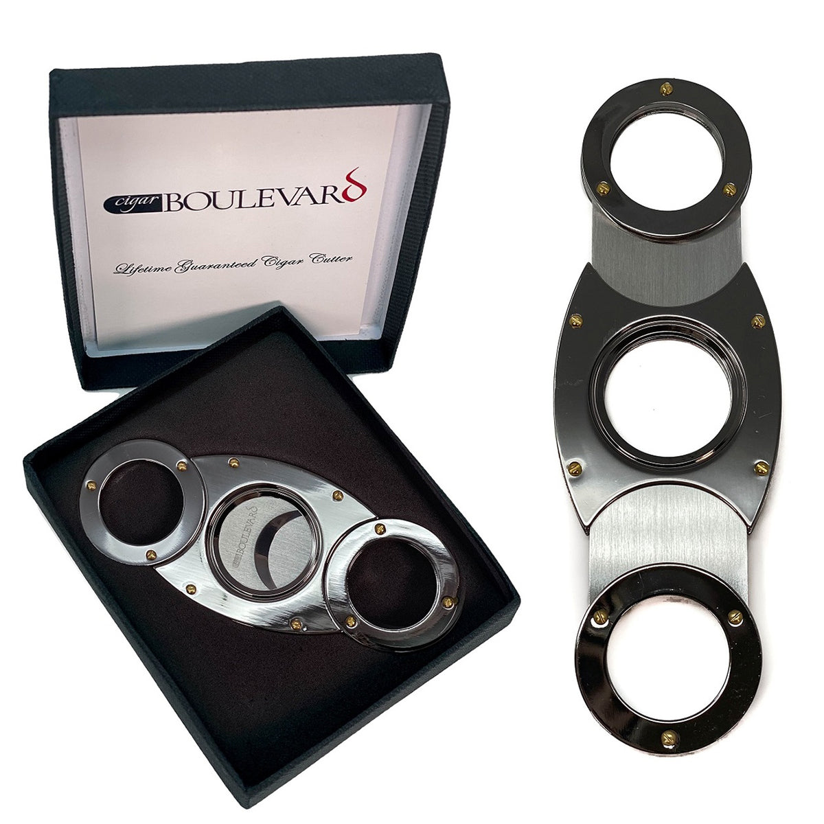 Cigar Boulevard Cigar Cutter Gun Metal Double Stainless Steel Blades O Round Handles