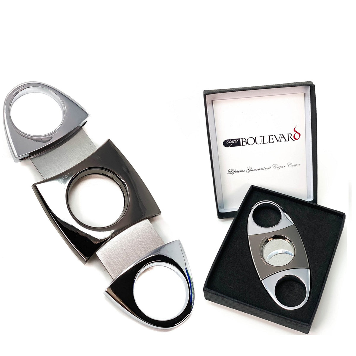 Cigar Boulevard Cigar Cutter Silver and Gun Metal Double Stainless Steel Blades U Handles