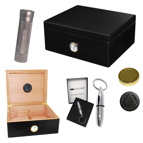 Image of Combo Boulevard Deluxe Black (40 Cigar Humidor, Travel Tube & Punch Cigar Cutter)
