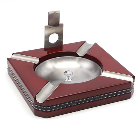 SQUARE WOODEN 4 Cigar Ashtray with Cigar Cutter