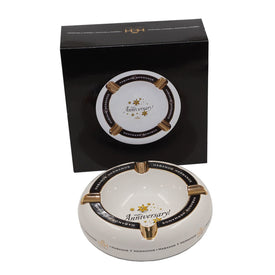 Ashtray HAPPY ANNIVERSARY White Porcelain and Golden with Four Wide Grooves