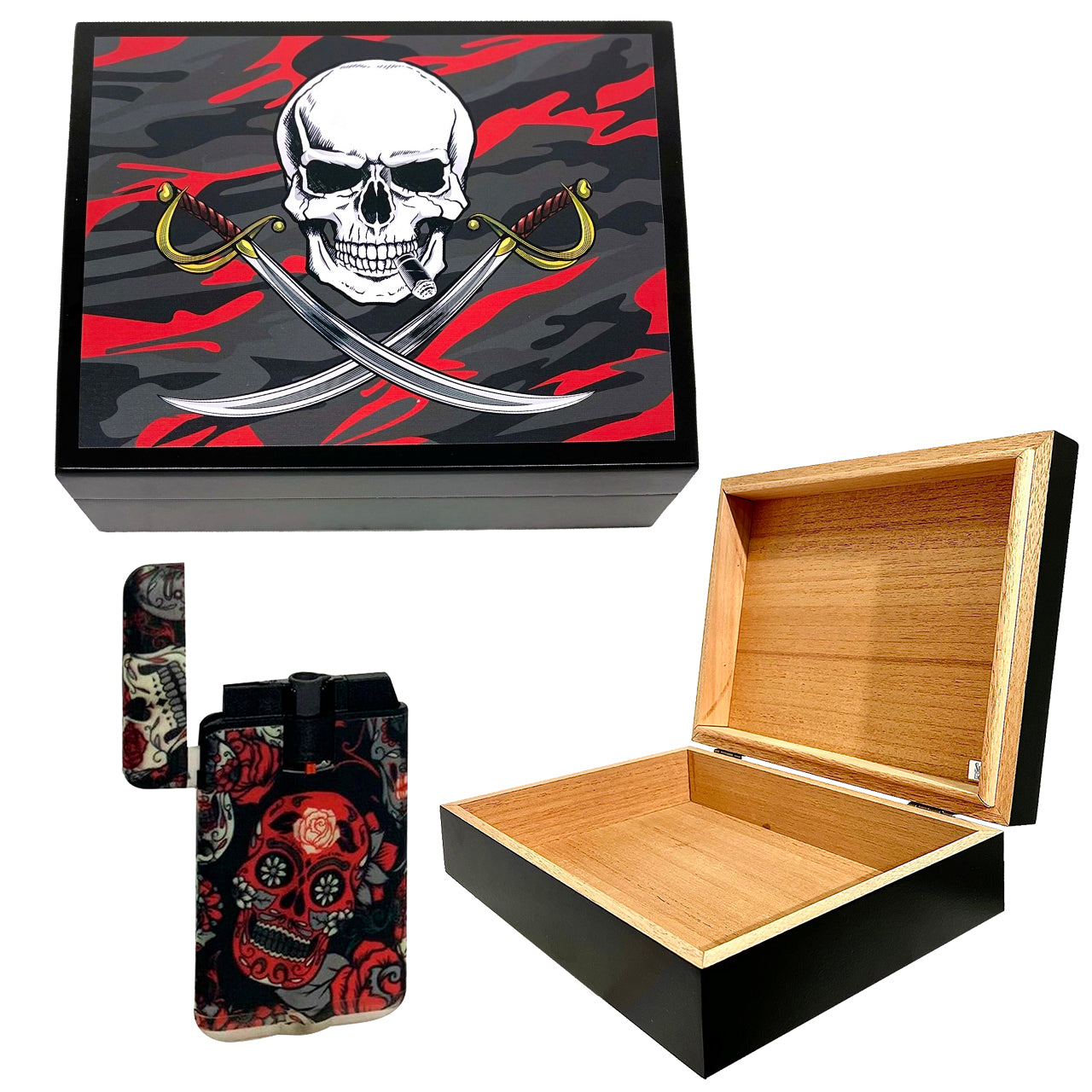 Cigar Humidor JOLLY ROGER Skull and Swords Red with Lighter