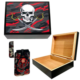 Cigar Humidor JOLLY ROGER Skull and Swords Red with Lighter