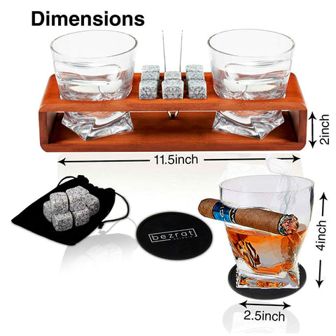 Image of Whiskey Glasses With Side Mounted Cigar + Whisky Chilling Stones and accessories on Wooden Tray