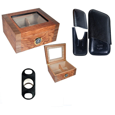 Image of Combo Deluxe (Glass Top Humidor 40 Cigars, Leather Case and V-Cutter)