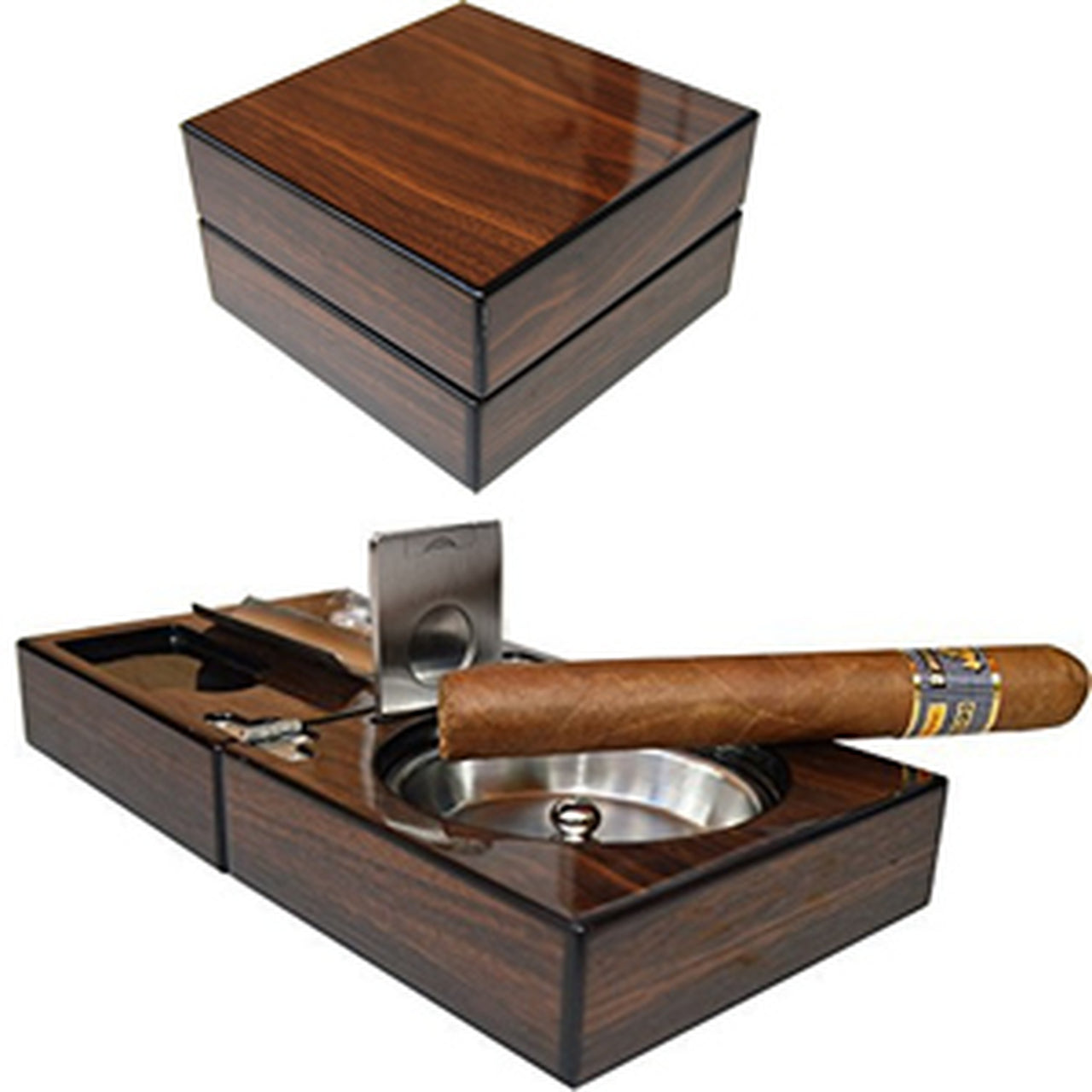 The Compact Ashtray Tray with Cigar Cutter and Punch - High Gloss Walnut